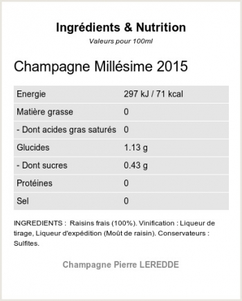 Champagne Millesime 2015 - Ingrdients et Nutrition 