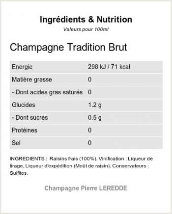 Champagne Brut Tradition - Ingrdients et Nutrition 